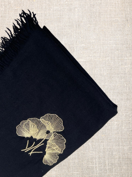 Pashmina Shawl - Black with Hand Embroidery - Ginko Leaves